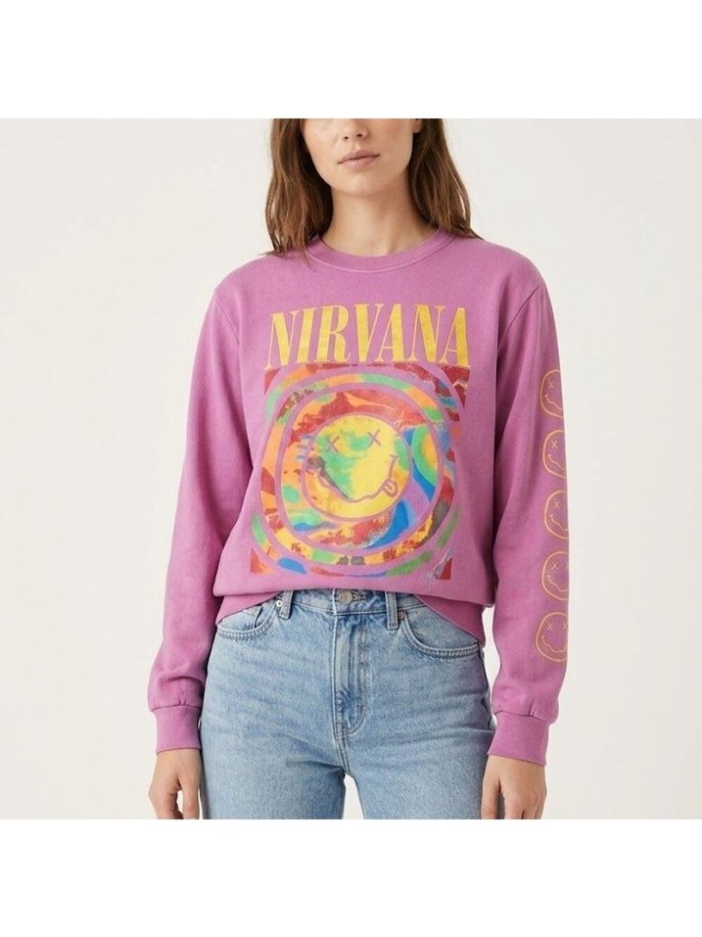 Nirvana Size M Pink Y2K 90s Grunge Smiley Long Sleeve Sweatshirt Pullover Top